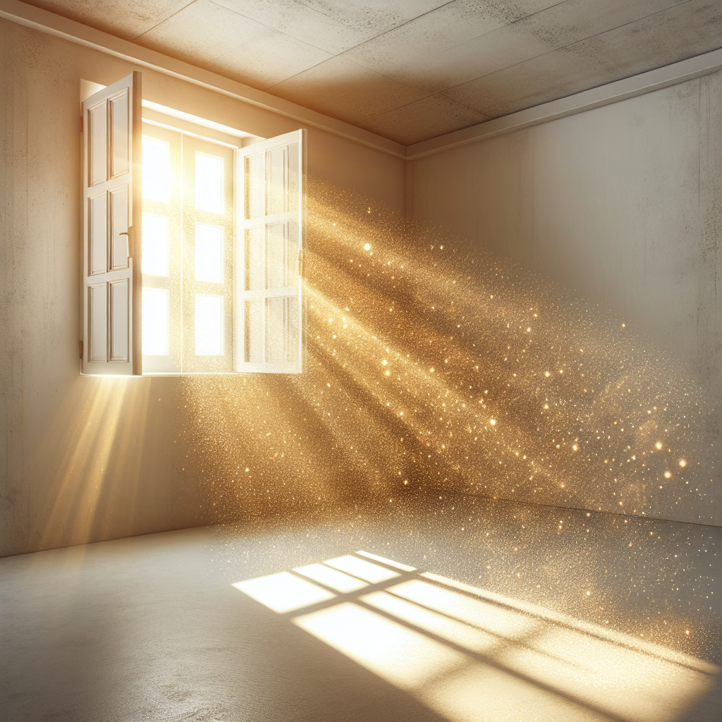 A bright and airy basement scene. A large, clean window is wide open, allowing a strong beam of golden sunlight to stream into the room, illuminating dust motes dancing in the air. The concrete floor is tidy and appears dry. The overall atmosphere is fresh, clean, and inviting, symbolizing good ventilation and a healthy environment. Realistic photo style.
