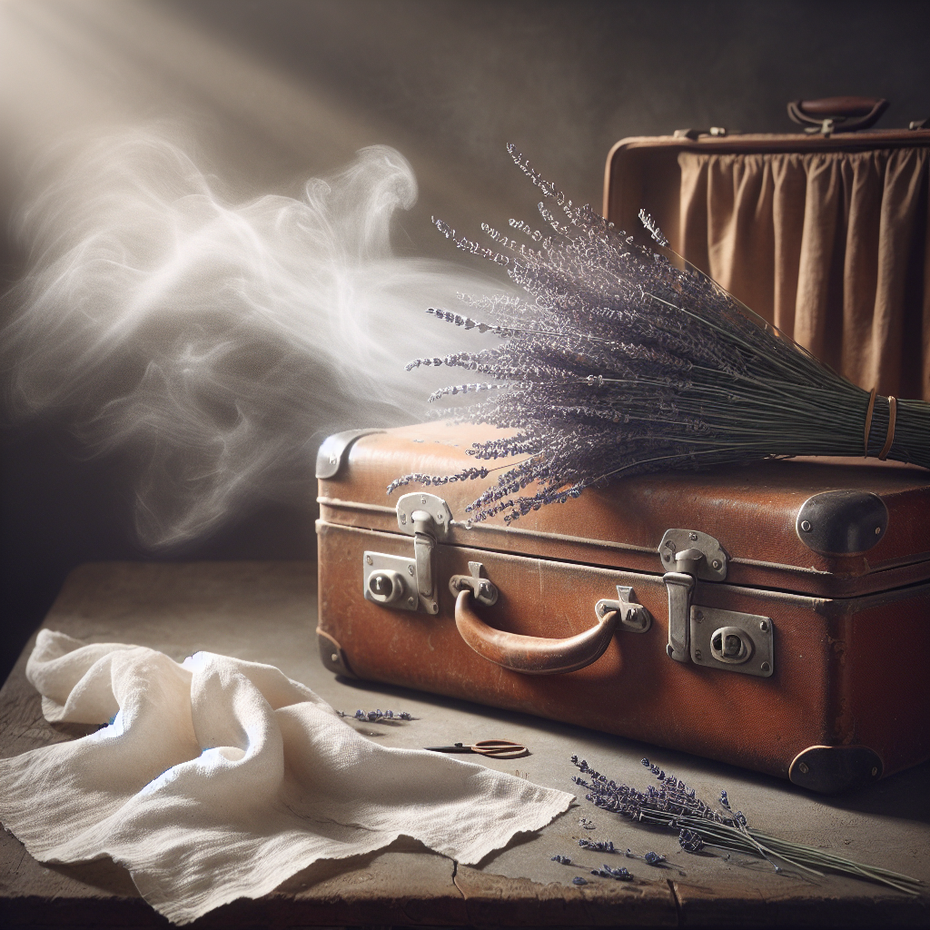An old, slightly opened travel suitcase emitting a subtle, wispy cloud of visible musty odor, contrasted with a fresh sprig of lavender or a clean, white linen cloth resting nearby. Soft, natural lighting, realistic photography style.