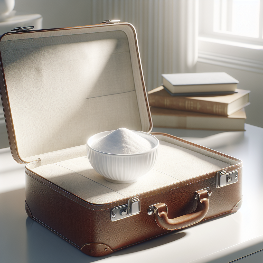 An open, empty modern travel suitcase on a clean surface, with a small, elegant ceramic bowl filled with white baking soda (Natron) placed neatly inside. The scene is bathed in bright, natural sunlight, conveying freshness and cleanliness. Realistic photography style, bright and airy.