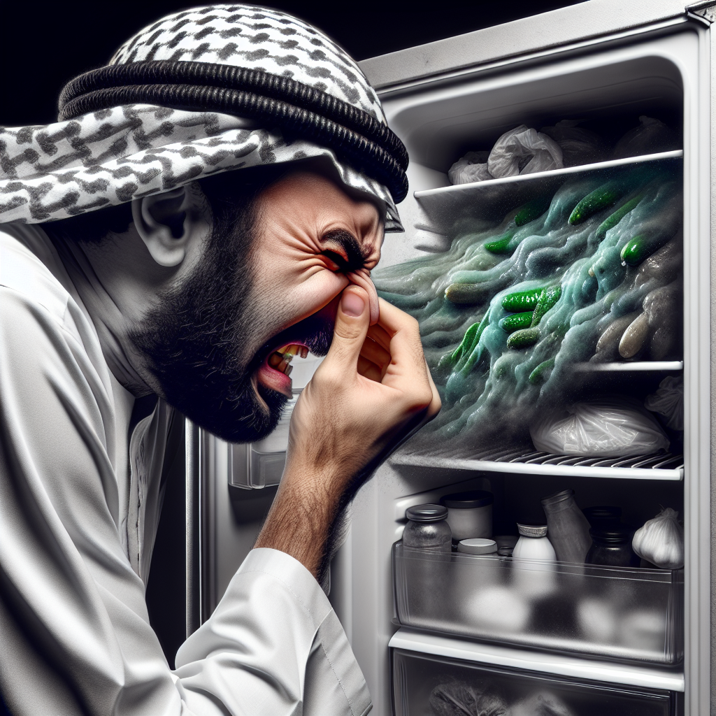 A person recoiling slightly, holding their nose with a disgusted expression, as they open a refrigerator door. Inside the fridge, a subtle, stylized green mist or dark shadows suggest an unpleasant odor, with a few vaguely old or unidentifiable items visible. Focus on the realistic human emotion and the visual representation of bad smell.