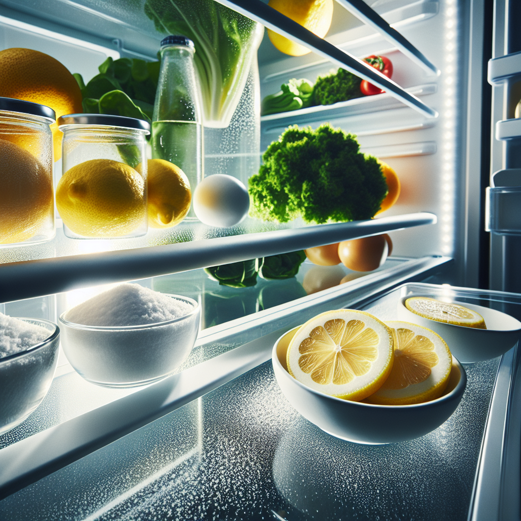 A brightly lit, spotlessly clean and well-organized refrigerator interior. On a shelf, there are small open bowls containing natural odor absorbers: a bowl with fresh lemon slices and another with white baking soda. The surfaces are gleaming, and a few fresh, neatly arranged vegetables or fruits are visible, conveying a sense of freshness and purity. High-key photography.