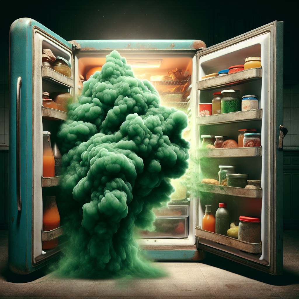 A slightly open, old-fashioned refrigerator door, with a visible, unpleasant, green-brown gaseous cloud wafting out, representing a bad odor. Inside, dimly lit, a blurred background of old, forgotten food items. Realistic photo, unappetizing atmosphere, slightly grungy.