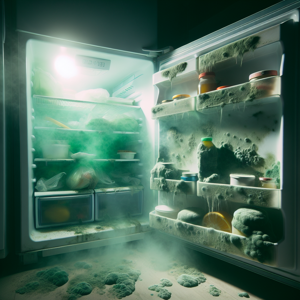 A realistic photo of an open refrigerator emitting a faint, unpleasant green-grey cloud of odor. Inside, a few neglected, slightly moldy food items are visible on the shelves, creating a strong sense of a stale and bad-smelling fridge. The light is dim, emphasizing the problem.