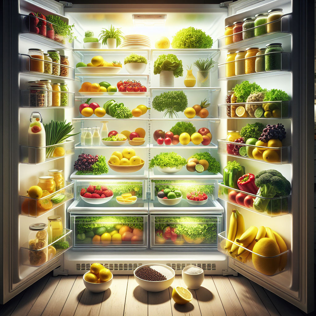A pristine, brightly lit refrigerator interior. The shelves are sparkling clean and neatly organized with fresh, vibrant produce. Small bowls containing natural odor absorbers such as sliced lemons, baking soda, and coffee grounds are discreetly placed, symbolizing freshness and a clean environment. Realistic photo, inviting atmosphere.