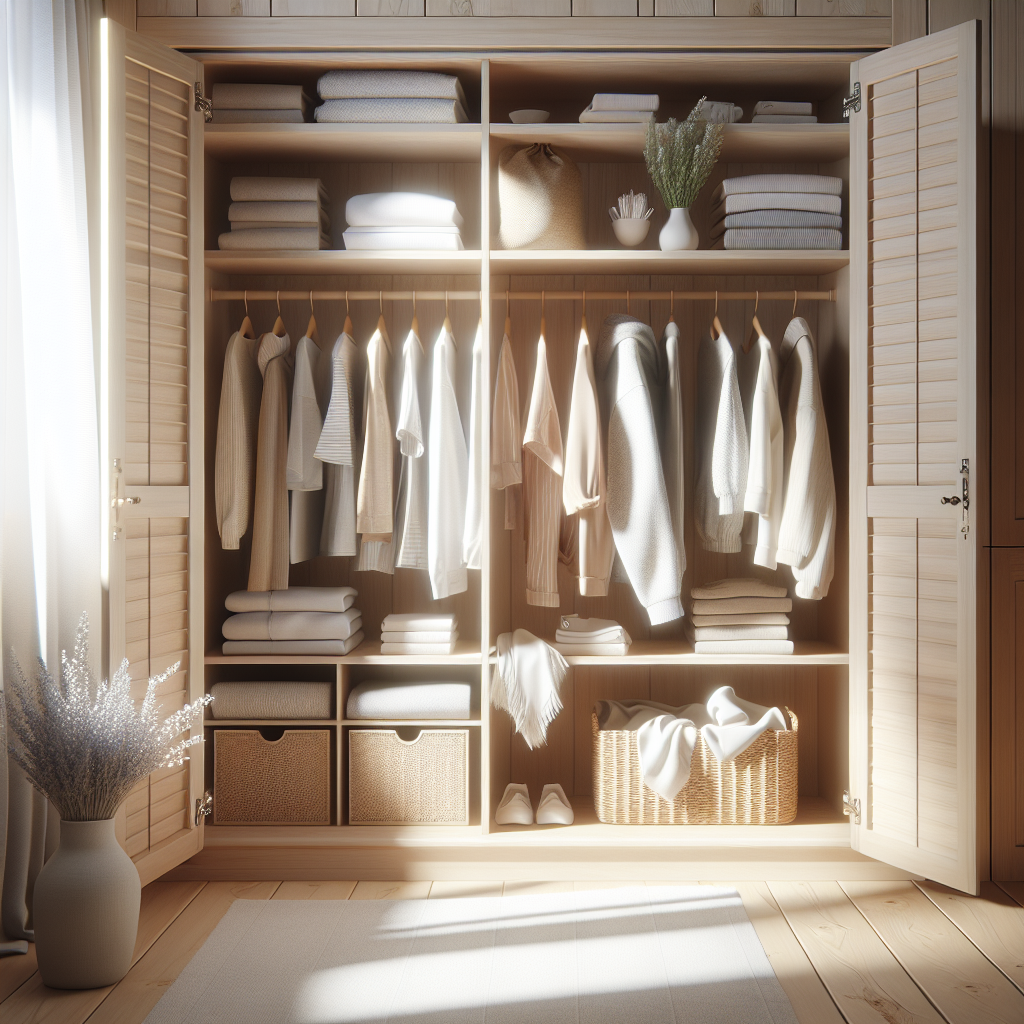 A beautifully organized, light-colored wooden wardrobe with its doors wide open, revealing neatly folded, fresh-smelling clothes. Bright, soft sunlight streams into the wardrobe, highlighting clean shelves and a subtle decorative sachet of lavender or cedar. The scene evokes a strong sense of freshness, cleanliness, and good ventilation. Realistic photo, bright and airy aesthetic.