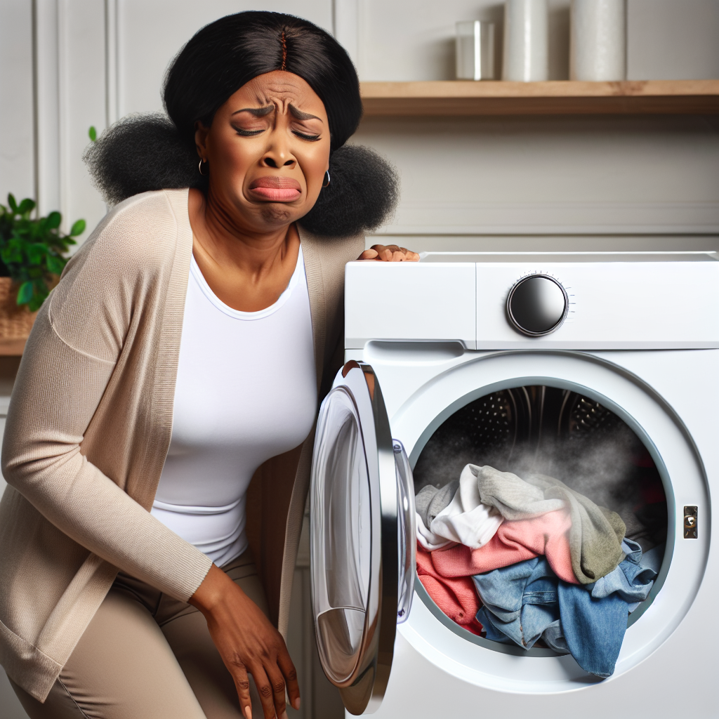 A person recoiling slightly with a disgusted expression as an unpleasant, subtle waft of odor emanates from an open dryer door filled with clothes in a clean, modern laundry room. The scene captures the initial problem of a smelly dryer.