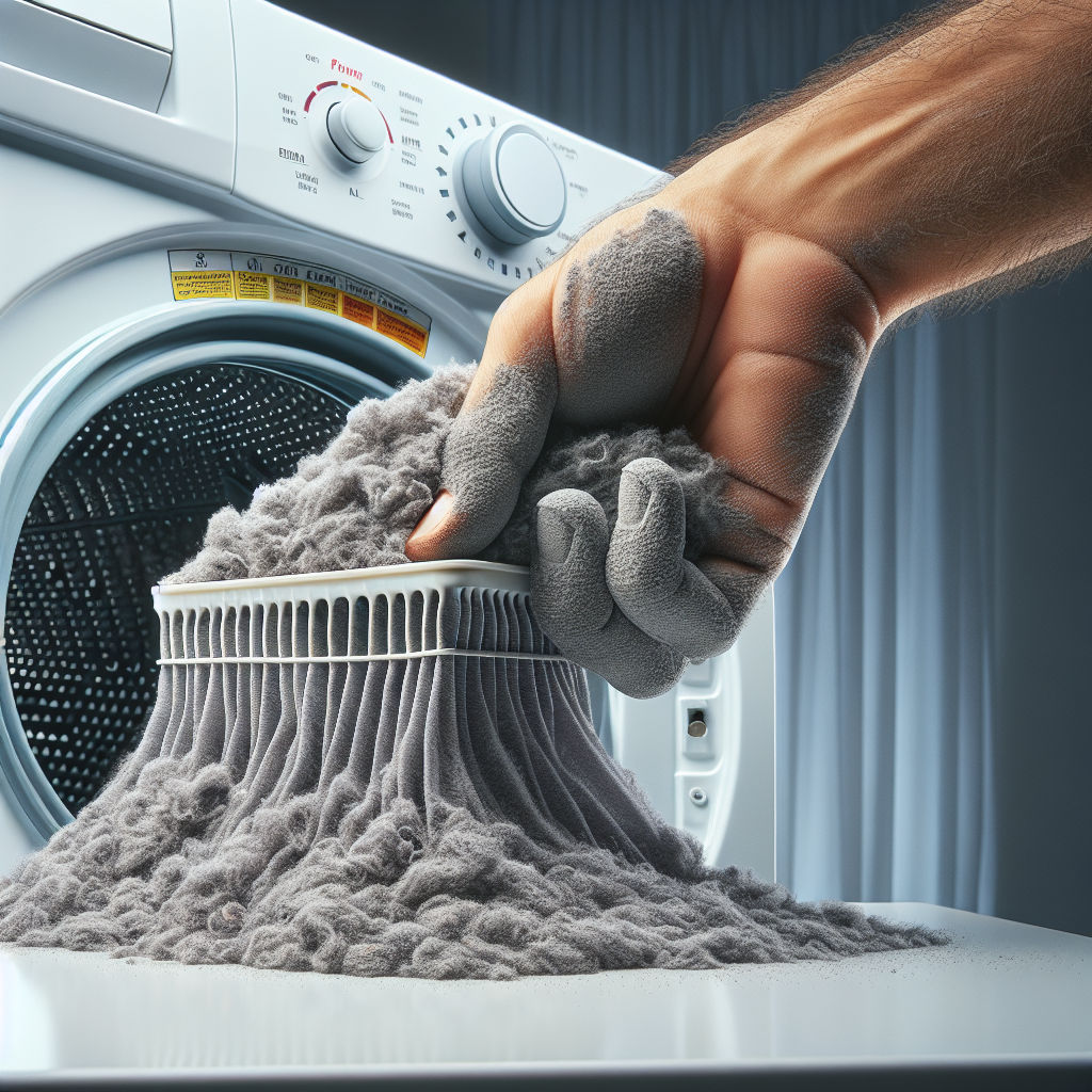 A close-up shot of a hand meticulously cleaning a lint filter from a modern clothes dryer. The hand is pulling out a thick layer of grey lint, emphasizing the removal of a common cause of odors, with a clean and bright background.
