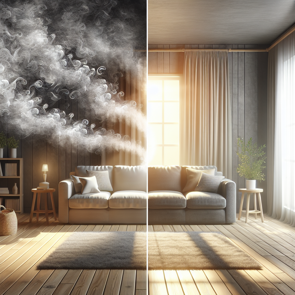 A split image. On the left, a cozy living room filled with subtle, swirling dark gray wisps representing unpleasant odors, with a hint of stale air. On the right, the same living room is bright, clean, and airy, with sunlight streaming through an open window, symbolizing fresh air and cleanliness. The transition should be clear and visually impactful. Realistic, high-quality photograph, soft natural lighting.