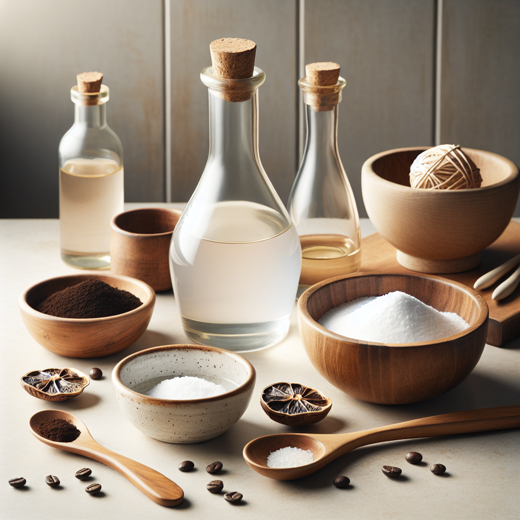 A beautifully arranged still life photo featuring natural home remedies for odor removal. Include a small, elegant ceramic bowl filled with white vinegar, a delicate wooden spoon next to a pile of baking soda, and a rustic bowl of fresh coffee grounds. The setting is a clean, minimalistic kitchen counter or wooden table, with soft natural light. Focus on a fresh, clean aesthetic. High-quality product photography style.