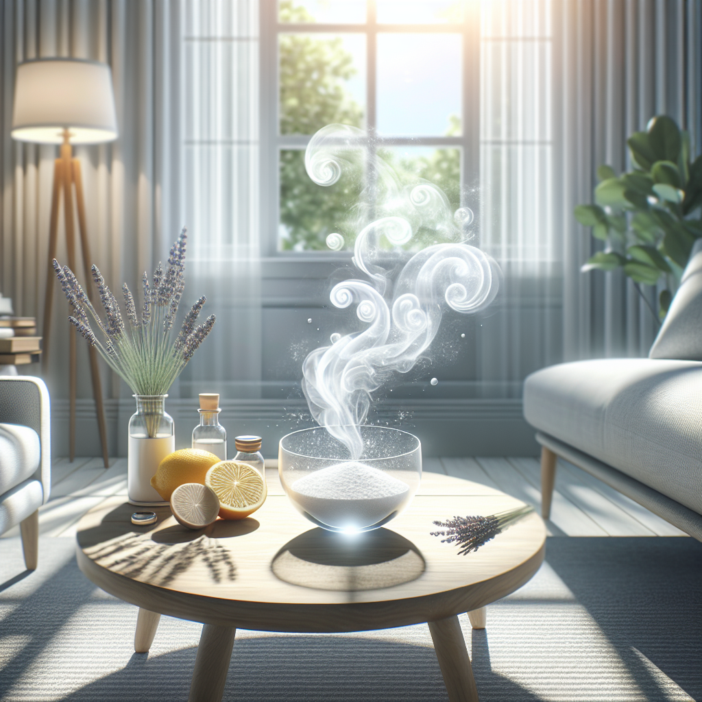 A bright, airy living room with a large window, sunlight streaming in. A subtle, transparent cloud of 'unpleasant smell' is visually dissipating, being replaced by fresh, clean air represented by light wisps. On a minimalist coffee table, a small bowl of baking soda, a cut lemon, and a sprig of lavender are artfully arranged. The overall mood is one of freshness, cleanliness, and peace. Realistic, high detail, soft focus on the background.