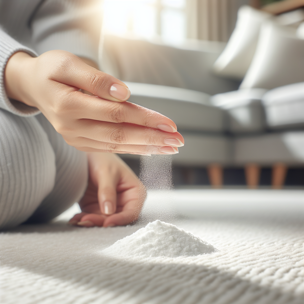 Close-up of a pair of hands gently sprinkling white baking soda powder onto a light-colored carpet or upholstery. In the soft-focus background, there's a glimpse of a clean, modern home interior. The lighting is bright and natural, emphasizing the texture of the powder and carpet. The image conveys a sense of proactive cleaning, freshness, and simplicity. Realistic, detailed texture.