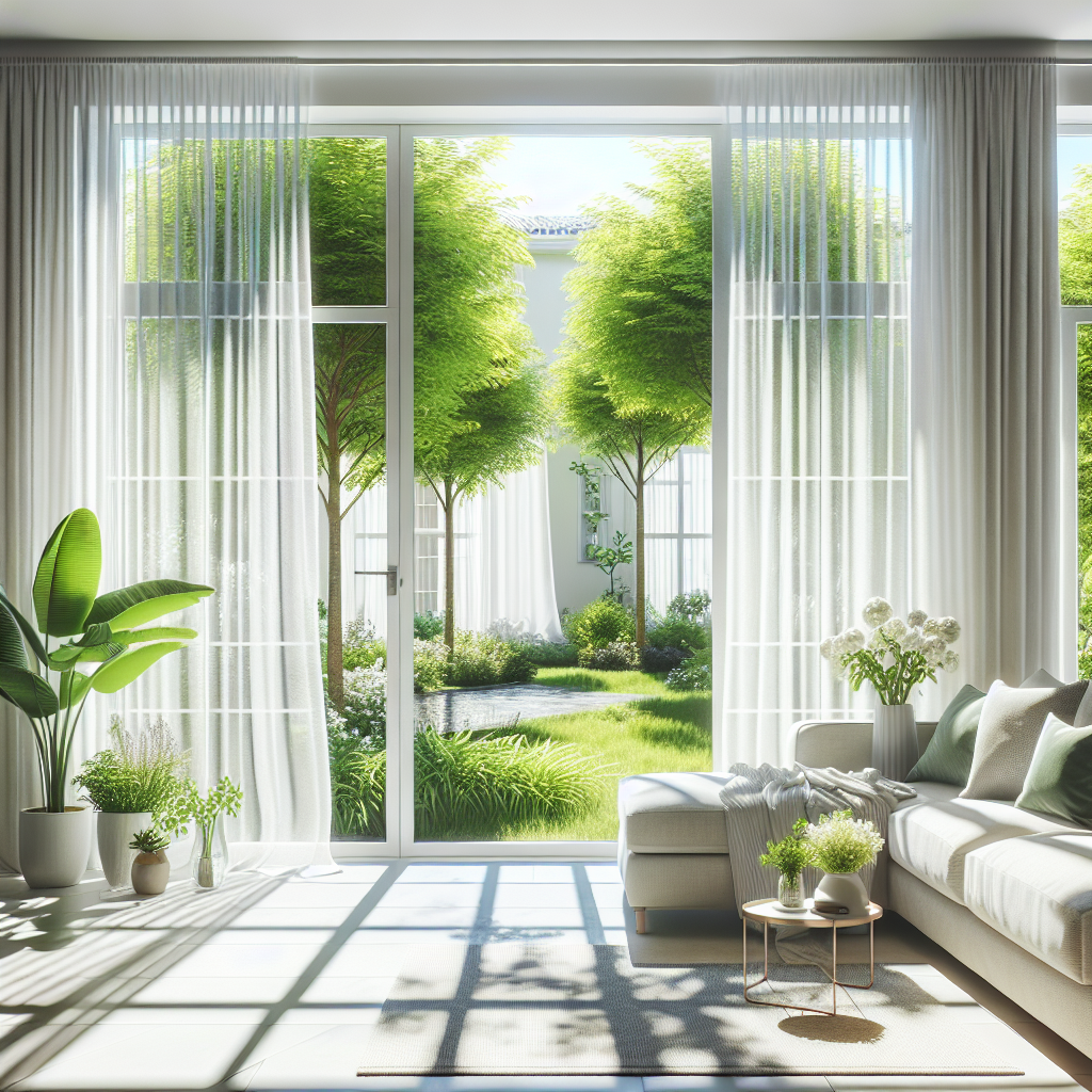 A bright, airy, and impeccably clean modern apartment living room. Sunlight streams through wide-open windows, revealing sheer white curtains gently billowing, with a vibrant green tree visible outside. The room is light-colored, featuring a comfortable sofa, a few green plants, and a vase of white flowers, exuding a strong sense of freshness and calm. Photorealistic, high detail.