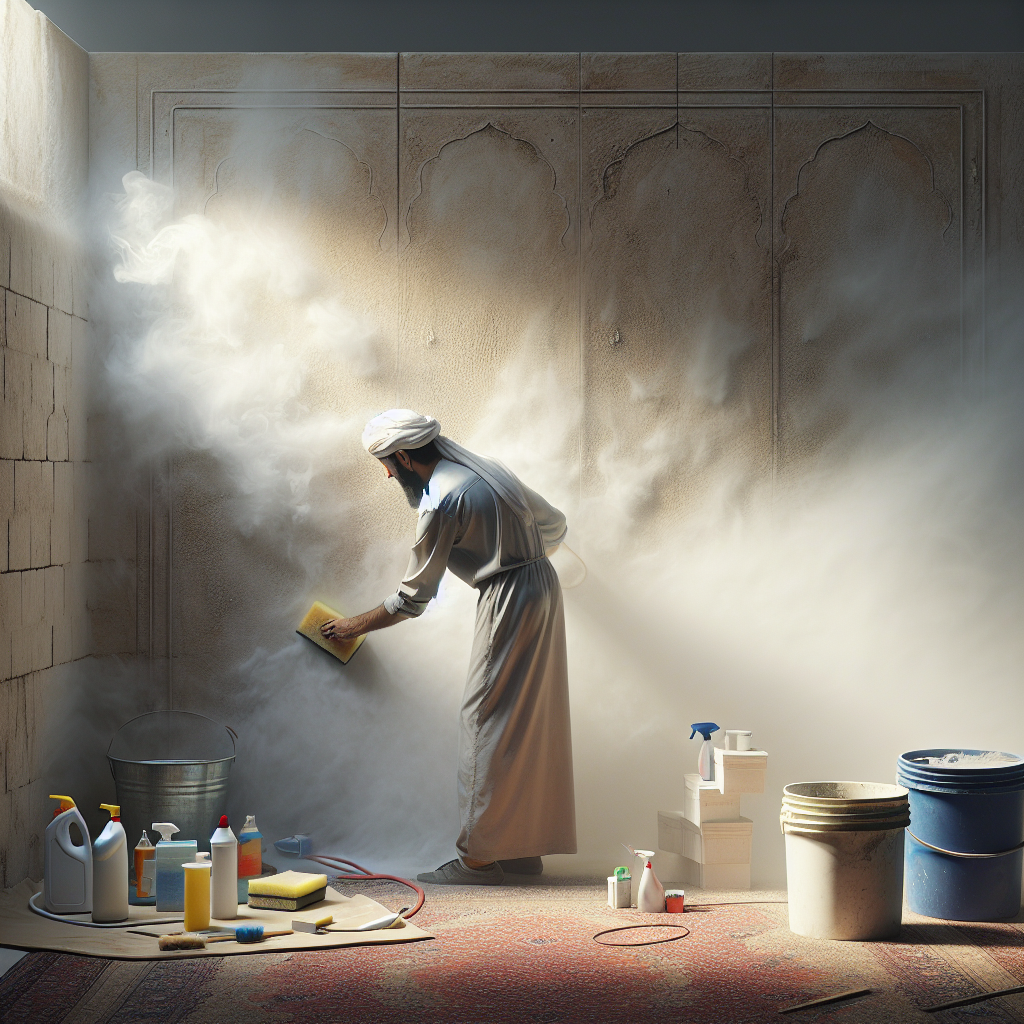 A person in an indoor setting, diligently cleaning surfaces (like a wall or furniture) with a sponge and bucket. There's a subtle, almost imperceptible grey haze in the background, hinting at lingering smoke residue after a minor fire. Cleaning supplies are neatly arranged nearby. The atmosphere conveys a sense of effort and the beginning of restoration. Realistic, natural lighting.