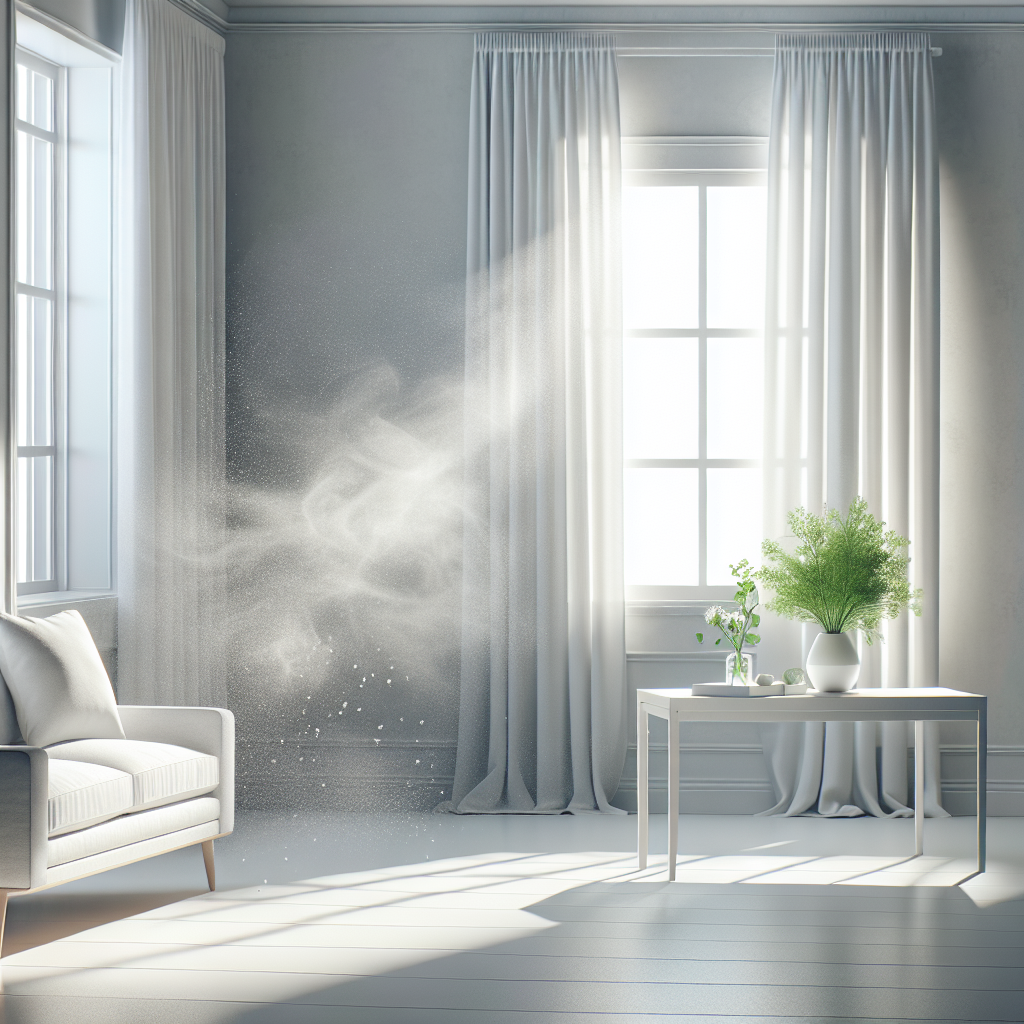 A bright, airy, and impeccably clean living space with an open window, where sunlight streams in, illuminating dust motes dancing in the air. Fresh, white curtains billow gently in a soft breeze. The room feels completely rejuvenated, free from any lingering odors. A single, vibrant green plant sits on a minimalist table, adding to the sense of freshness. Realistic, serene, and inviting atmosphere.
