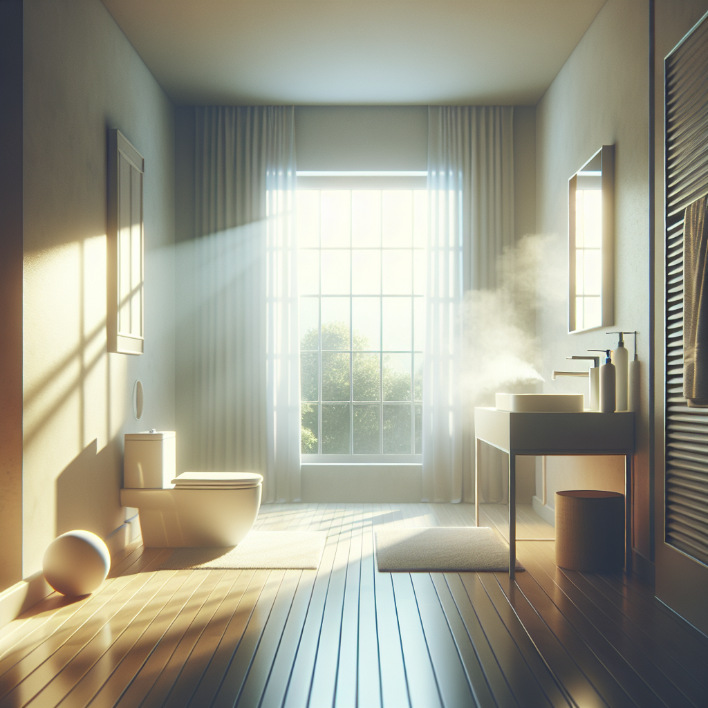 A beautifully clean and modern bathroom, illuminated by soft natural light streaming through an open window. The air looks visibly fresh and pure, perhaps with a subtle, delicate mist of a pleasant fragrance. There's a sense of calm and hygiene. High-quality photography style, inviting and pristine.