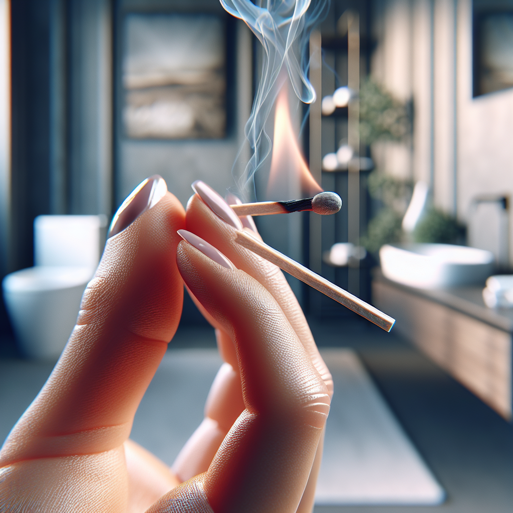 A close-up shot of a hand holding a freshly extinguished matchstick, with a wisp of smoke gently curling upwards. In the soft-focus background, a clean, contemporary bathroom setting is visible, suggesting the context of an effective and quick remedy. The overall mood is practical and effective. Realistic photo, warm lighting.