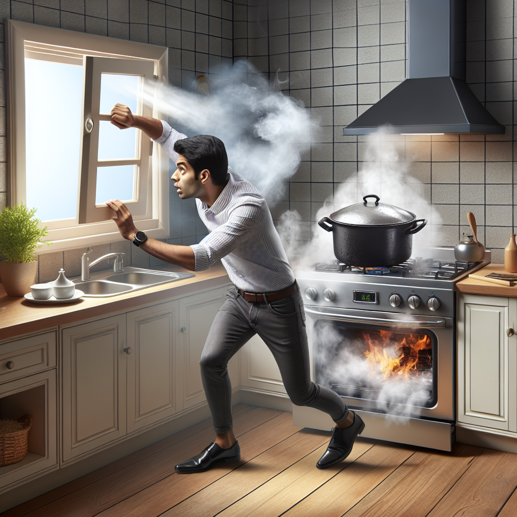 A realistic photo of a slightly smoky kitchen interior, with a burnt pot on the stove, steam or faint smoke rising. A person is quickly opening a window wide, looking somewhat stressed by the unpleasant smell. Emphasize the urgent need for ventilation.