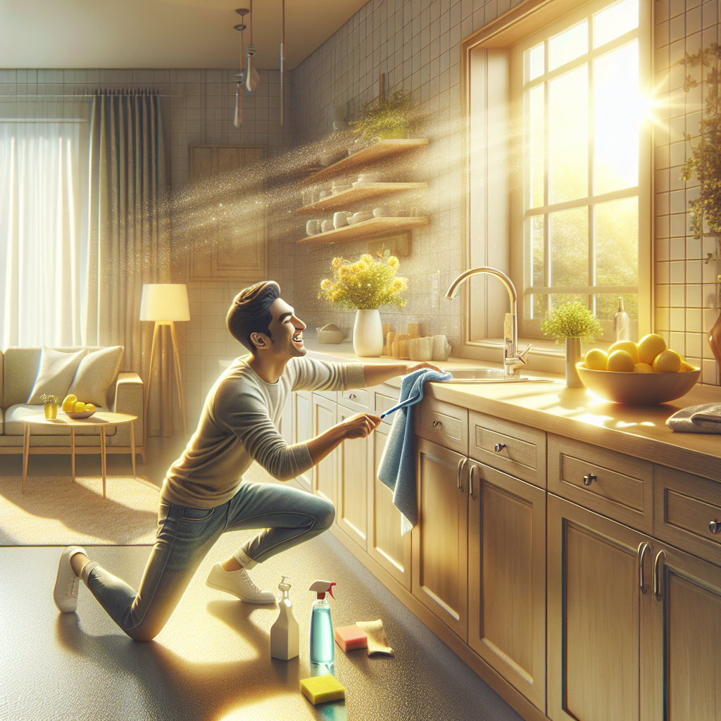 A bright, fresh, and clean kitchen or living room. A person is happily wiping down a countertop or a window sill with a cloth and a spray bottle, creating a sense of renewed freshness. Subtle elements like a bowl of lemons or an open window suggesting airflow can be included. Realistic photo, clean aesthetic.