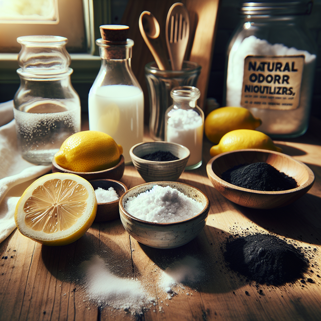Still life of natural odor neutralizers: a sliced lemon, a bowl of white baking soda, a small bag of activated charcoal, a glass bottle of white vinegar, and a small bowl of dry coffee grounds, artfully arranged on a clean wooden kitchen counter bathed in natural light. The scene should evoke freshness, cleanliness, and natural remedies. High detail, bright, airy.