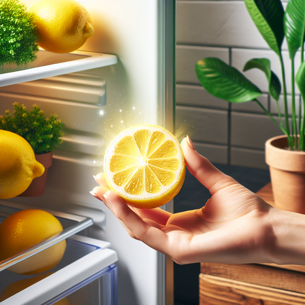 A person's hand placing a half-cut lemon inside an open, sparkling clean refrigerator. The background hints at a fresh, natural home environment. Visually convey the concept of eliminating odors naturally, with subtle fresh air particles or a glow replacing any bad smell. Bright, clean, and optimistic mood. Focus on natural effectiveness.