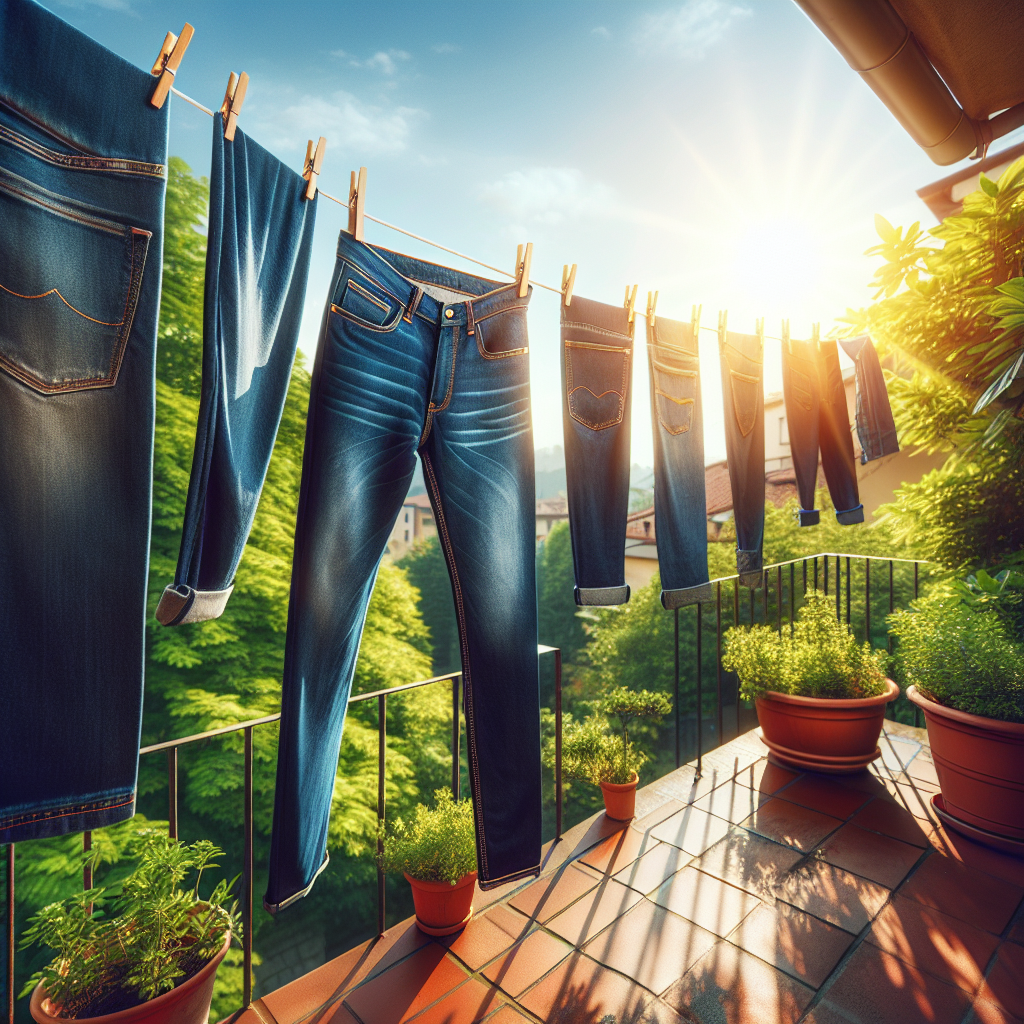A brand new pair of dark blue denim jeans hanging on a clothesline outdoors on a bright, sunny and slightly windy day. The background shows a fresh, airy outdoor environment, like a balcony or a green garden. The image conveys a sense of natural freshness and the process of airing out, high-quality photograph.