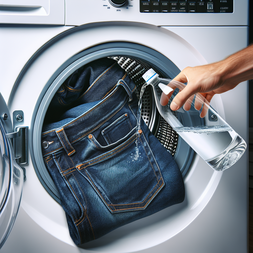 Close-up of a pair of dark blue denim jeans being placed into the drum of a modern washing machine. A bottle of white vinegar is visible next to the machine, with a capful of vinegar being poured, suggesting the use of a home remedy. The setting is a clean, well-lit laundry room, realistic photograph.