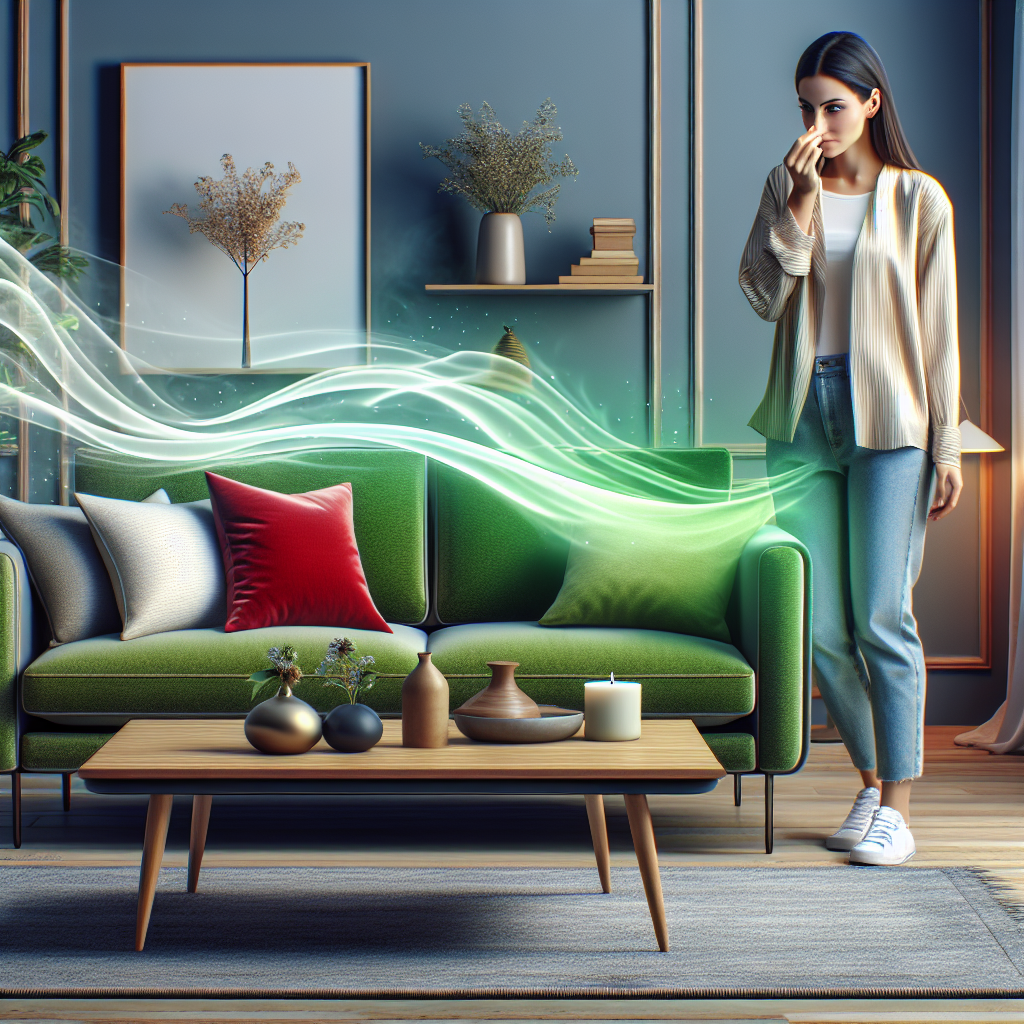 A bright, modern living room featuring new, stylish furniture like a sofa and a coffee table. Subtle, almost invisible wavy lines or a very light, translucent, slightly green mist emanates from the furniture, symbolizing an unpleasant new furniture odor. A person in the background subtly pinches their nose or fans their hand, indicating discomfort, while the room itself maintains a clean, inviting aesthetic. Realistic, high-quality photograph, soft natural light.