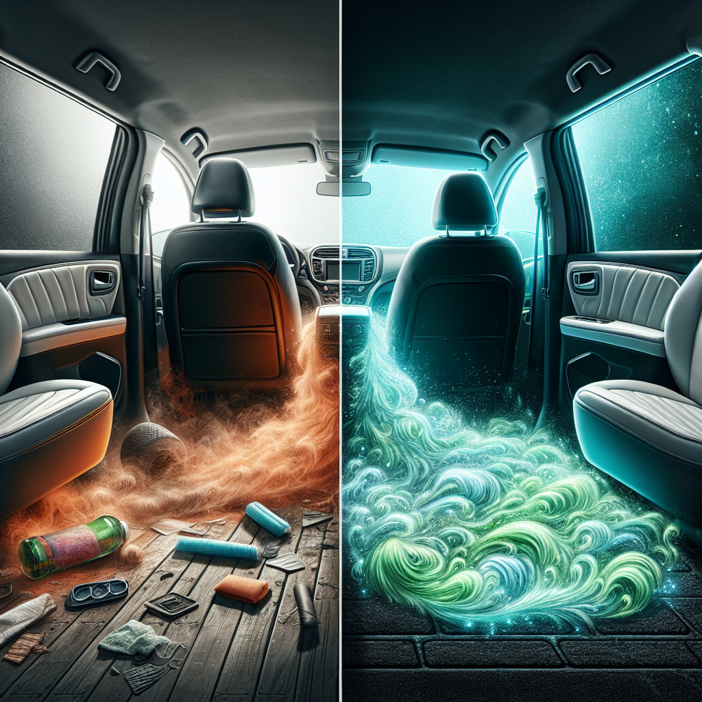 A visually striking contrast within a car's interior. One side shows a cluttered, slightly dirty car seat and floor, with stylized, visible wafts of unpleasant odors (like murky green or brown fumes) emanating from unseen sources. The other side seamlessly transitions to a pristine, bright, and airy car interior, with subtle, shimmering light blue air particles suggesting freshness. Emphasize the transformation from bad smell to clean scent. Realistic, cinematic lighting.