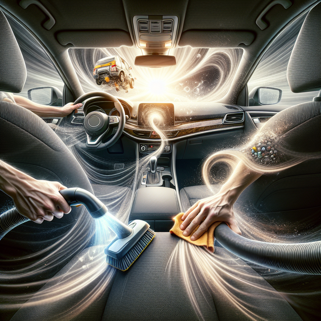 A close-up, dynamic shot of hands actively cleaning a car's interior. One hand is vigorously vacuuming a fabric car seat, while another is wiping down a dashboard or center console. The scene is bright and meticulously clean, with faint, ethereal spirals of fresh, clean air gently rising from the areas being cleaned. Focus on the feeling of active improvement and the promise of a renewed, fresh scent. Realistic, detailed, bright and optimistic lighting.