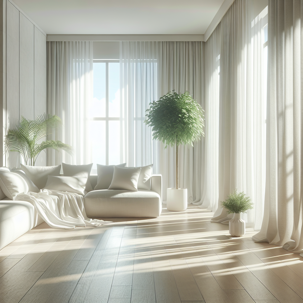 A bright, airy living room with large, open windows, sunlight streaming in and sheer white curtains gently billowing. The space feels incredibly fresh, clean, and inviting, with subtle hints of greenery and a light, minimalist decor, emphasizing the theme of fresh air and a neutral scent. Focus on a serene, modern aesthetic.
