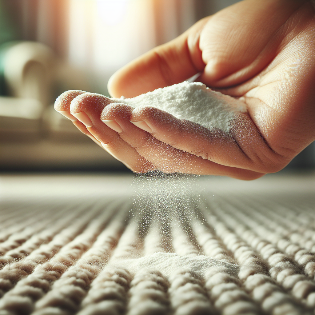 A close-up shot of a hand gently sprinkling a fine white powder (representing baking soda/Natron) onto a textured carpet or upholstery. The background is softly blurred to suggest a clean, well-maintained home environment. The focus is on the action of natural odor neutralization, conveying effectiveness and simplicity under soft, natural lighting.