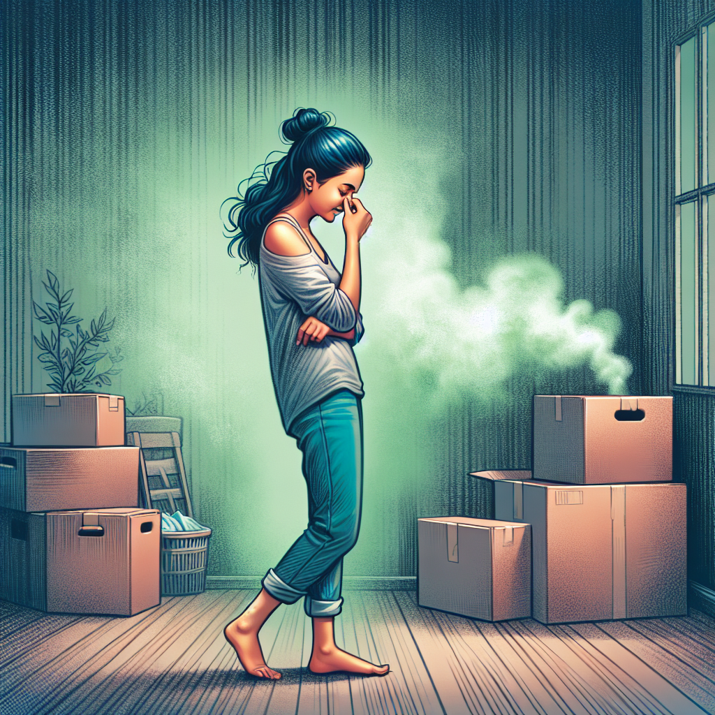 A new tenant in a slightly unfurnished apartment, holding their nose or looking discomforted by a subtle, almost visible greenish-gray haze symbolizing a persistent unpleasant odor (like stale cigarette smoke or mustiness) subtly emanating from the walls. Moving boxes are visible on the floor. Realistic, with a slightly somber, atmospheric mood.