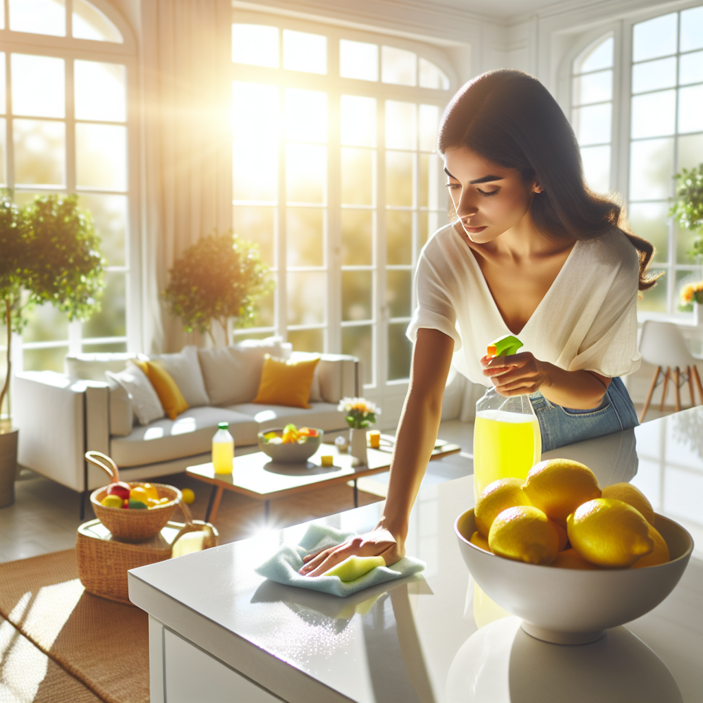 A bright, clean apartment with wide-open windows, allowing abundant sunlight to stream in and creating a fresh, airy atmosphere. A person is actively wiping down a smooth surface like a windowsill or doorframe with a cloth, next to a bowl of lemons or a natural cleaning spray bottle. The scene exudes a sense of renewal and cleanliness.