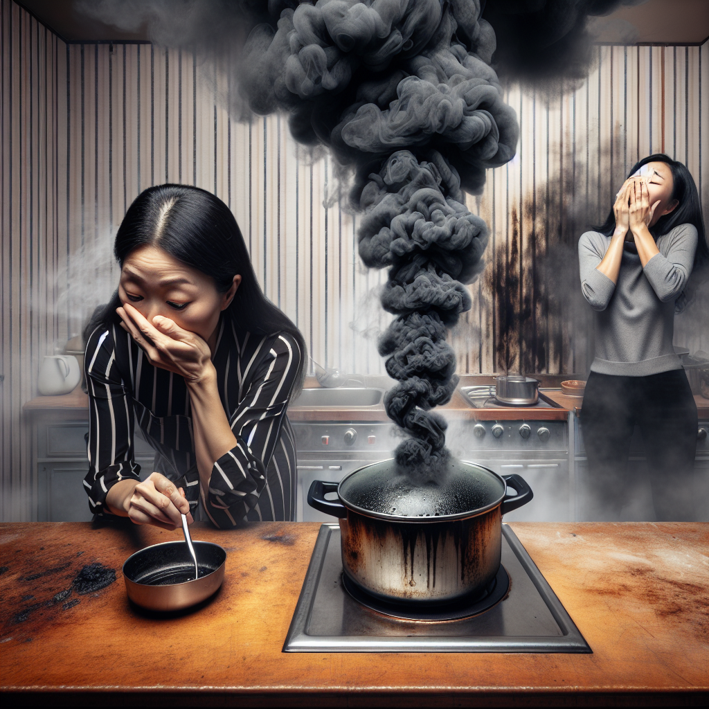 A smoky kitchen scene with a burnt pot on the stove, dark smoke rising and filling the room slightly. A person looks dismayed, covering their nose, indicating a strong, unpleasant smell. The atmosphere is slightly chaotic and realistic, emphasizing the immediate aftermath of something burning.