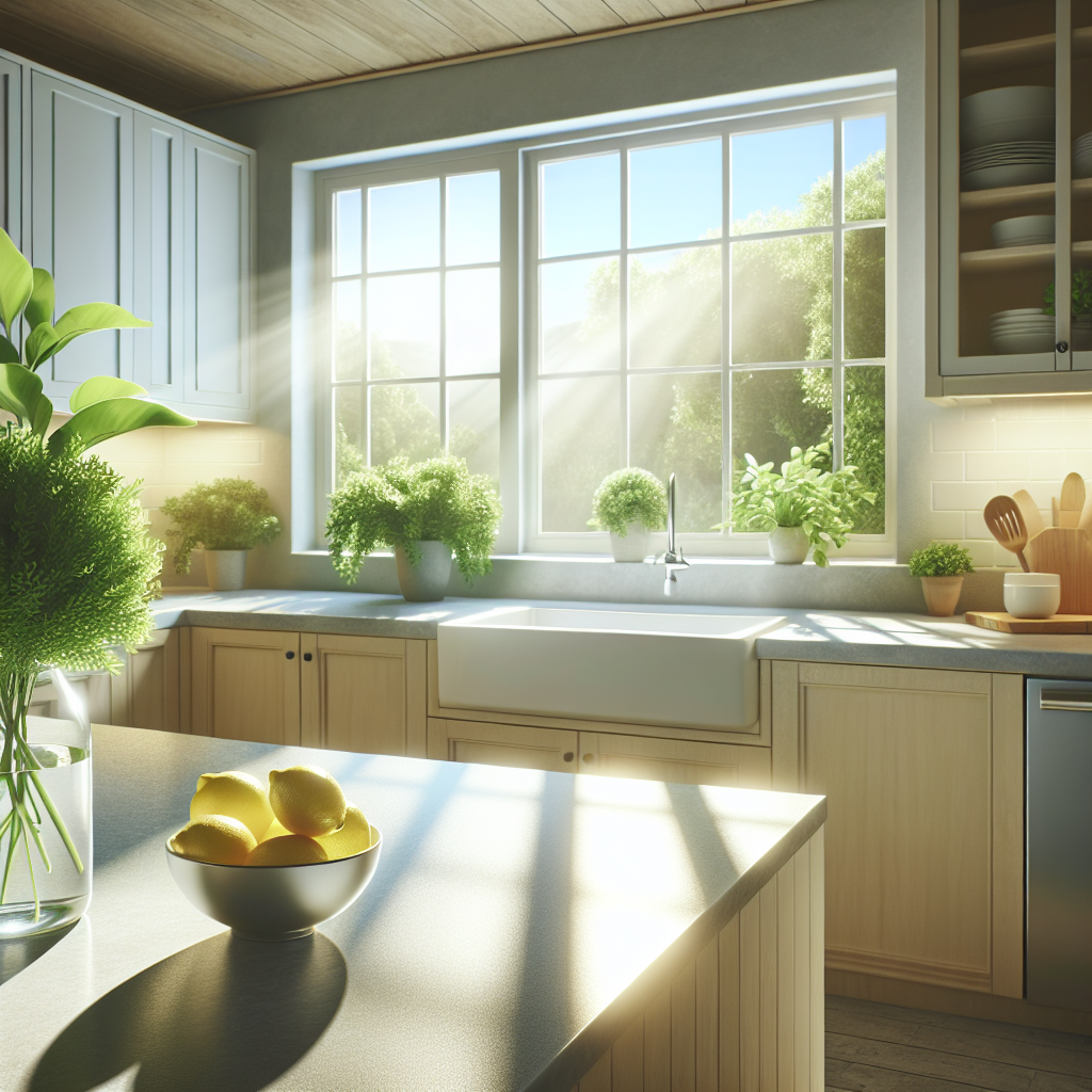 A bright, clean kitchen with sunlight streaming through wide-open windows, revealing a fresh, airy atmosphere. A bowl of lemons and a vase of green plants are visible on a clean countertop, suggesting natural air purification and a pleasant, odor-free environment after effective cleaning. Realistic, inviting, soft lighting.