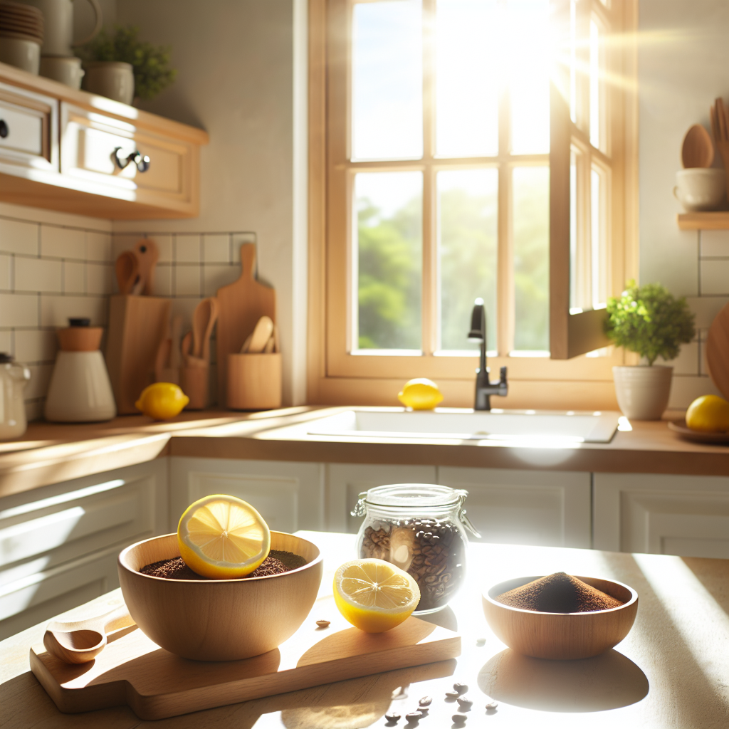 Eine helle, saubere Küche mit geöffnetem Fenster, durch das frische Luft und Sonnenlicht hereinströmen. Auf der Arbeitsplatte stehen Schalen mit Zitronenscheiben und Kaffeepulver. Die Szene vermittelt ein Gefühl von Frische, Sauberkeit und Erleichterung. Warme, einladende Farben, professioneller Fotostil.