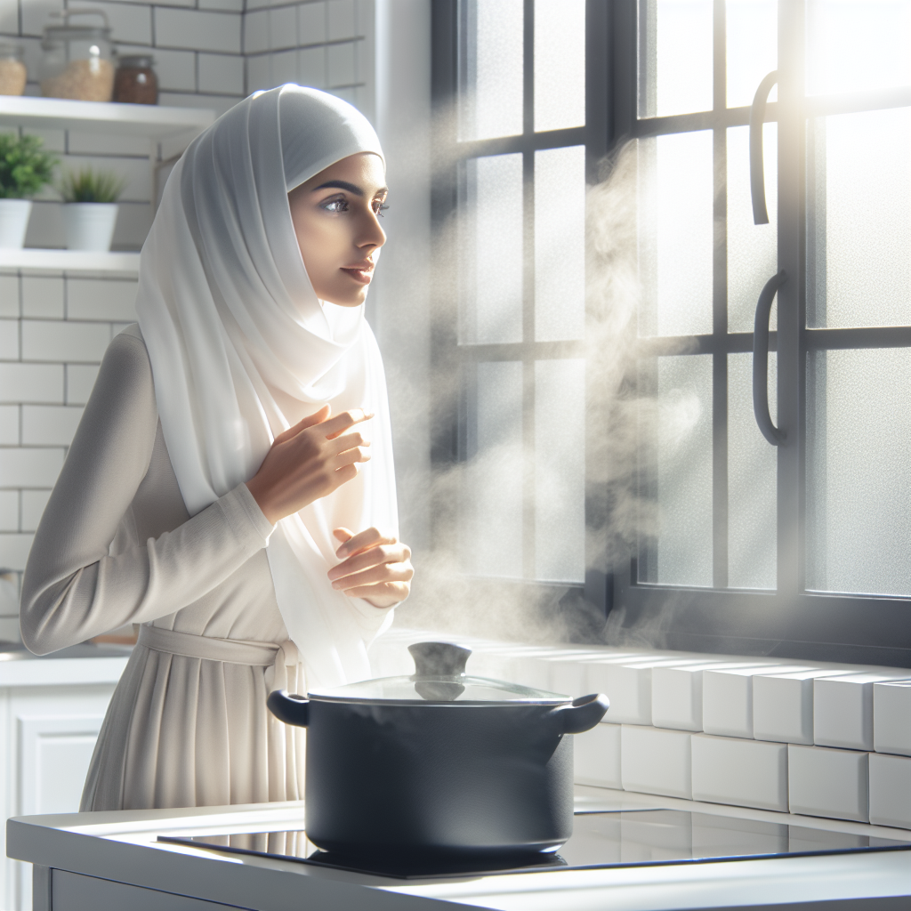 A modern, clean kitchen with a subtle, almost invisible haze in the air, hinting at a burnt smell. A person is standing by an open window, letting in fresh air, looking determined to resolve the issue. A steaming pot is on the stovetop in the background, out of focus. Bright, natural lighting.