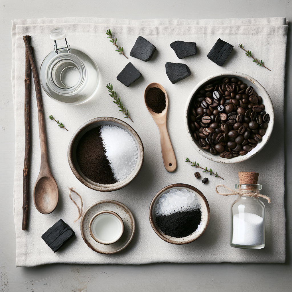 An artful flat lay arrangement on a clean, light surface, showcasing various natural remedies for odor removal. Include a small bowl of baking soda, a handful of fresh coffee beans in a rustic cup, a bottle of white vinegar, and a few pieces of activated charcoal. Emphasize cleanliness and a fresh, minimalist aesthetic. Top-down view.