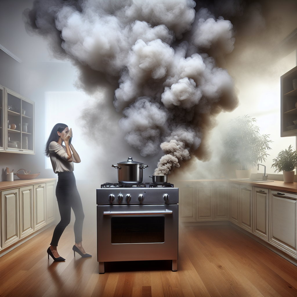 A modern, clean kitchen filled with a dense, acrid, grayish-brown smoke visibly emanating from a forgotten pot on the stovetop. The air looks heavy and unpleasant, symbolizing a pervasive burnt smell. A person in the background, perhaps shielding their nose or fanning the air, looks distressed. Realistic photography, conveying discomfort and the lingering smell.