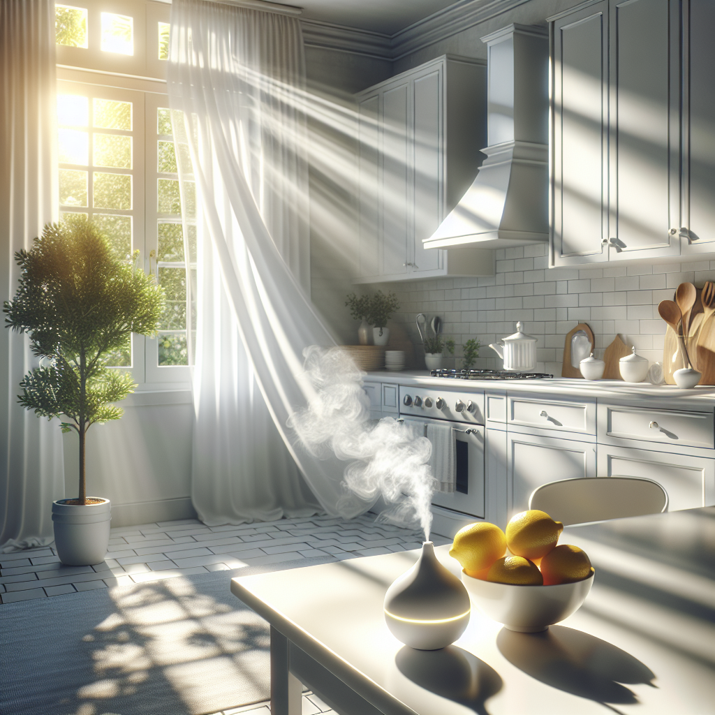 A bright, airy, and impeccably clean kitchen with sunlight streaming through an open window, where sheer white curtains gently billow in a fresh breeze. On a polished kitchen counter, a bowl of fresh lemons and a small, elegant air purifier or diffuser are placed. The atmosphere is serene, fresh, and inviting, symbolizing successful odor neutralization and a return to pleasant air. Realistic, vibrant photography.