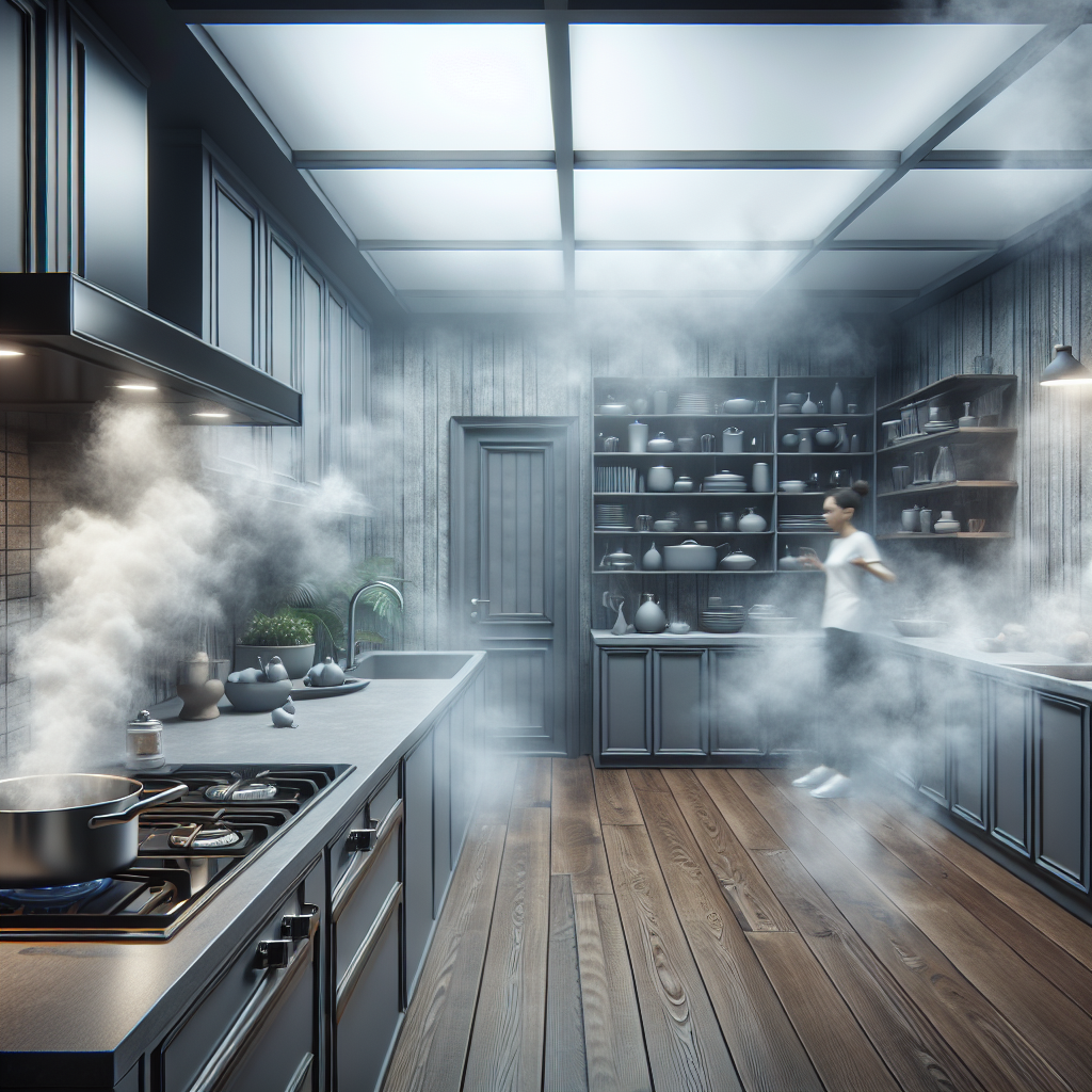 A modern kitchen with a subtle, unpleasant grey smoky haze emanating from a stovetop where a pot sits, suggesting a burnt smell. The air looks thick and slightly uncomfortable, with a slightly distressed or concerned expression visible on a person's face in the background. Realistic, high detail.