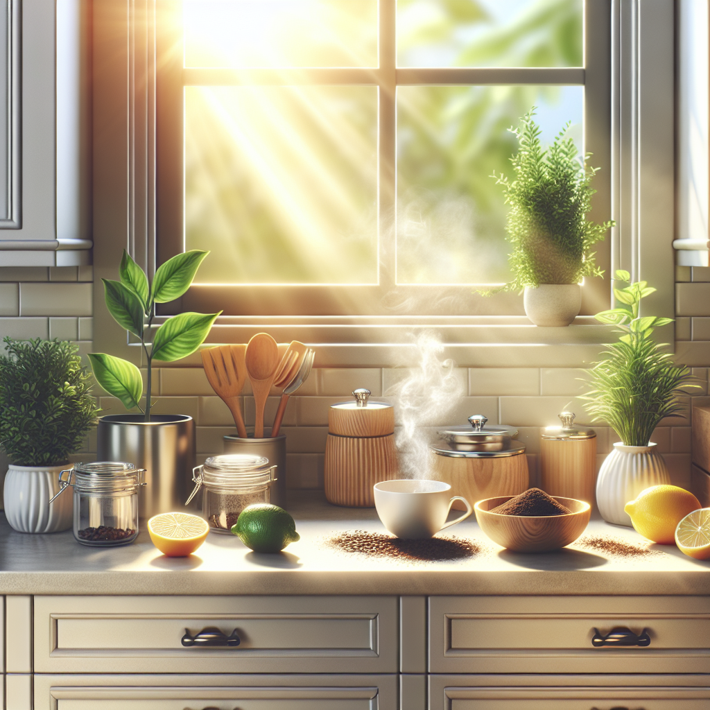 A bright, clean kitchen with sunlight streaming through an open window, symbolizing fresh air. On a neat counter, there are various natural deodorizers like a bowl of coffee grounds, a cut lemon, and a small plant, representing the successful neutralization of a bad smell. The atmosphere is calm and inviting. Realistic, clean style.