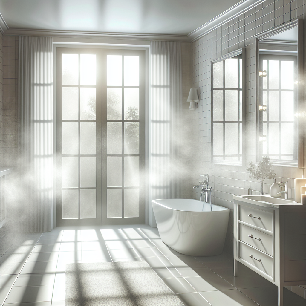 A modern, clean bathroom with open windows and a gentle breeze, sunlight streaming in. A subtle, almost visible (but not cartoonish) faint haze represents the dissipating chlorine smell. The overall atmosphere is fresh, clean, and airy, suggesting the unpleasant odor is being actively cleared out. Realistic photo style.