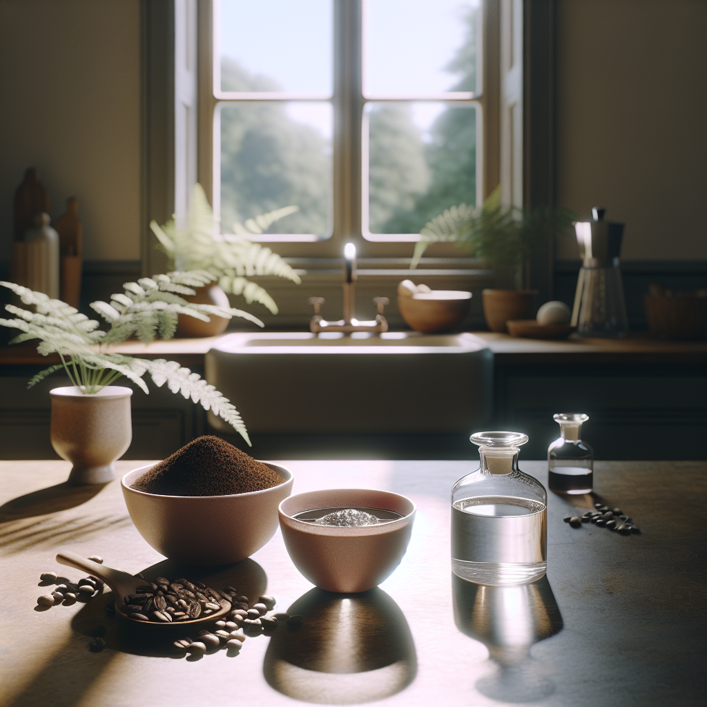 A cozy kitchen counter with a small, elegant bowl filled with freshly ground coffee next to another bowl containing water with a splash of vinegar. The scene is well-lit, perhaps by natural window light, emphasizing the simple, natural remedies against odors. No people are visible. Realistic photo style.
