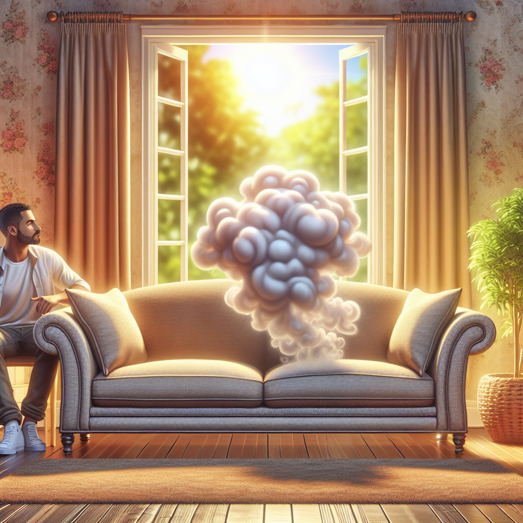 A cozy living room with a plush fabric couch. A subtle, almost translucent cartoon cloud of 'bad smell' wafts from the couch, making a person sitting nearby look slightly displeased. In the background, an open window reveals a bright, fresh outdoor scene, symbolizing the desire for cleanliness and fresh air. Realistic photo, warm natural light.