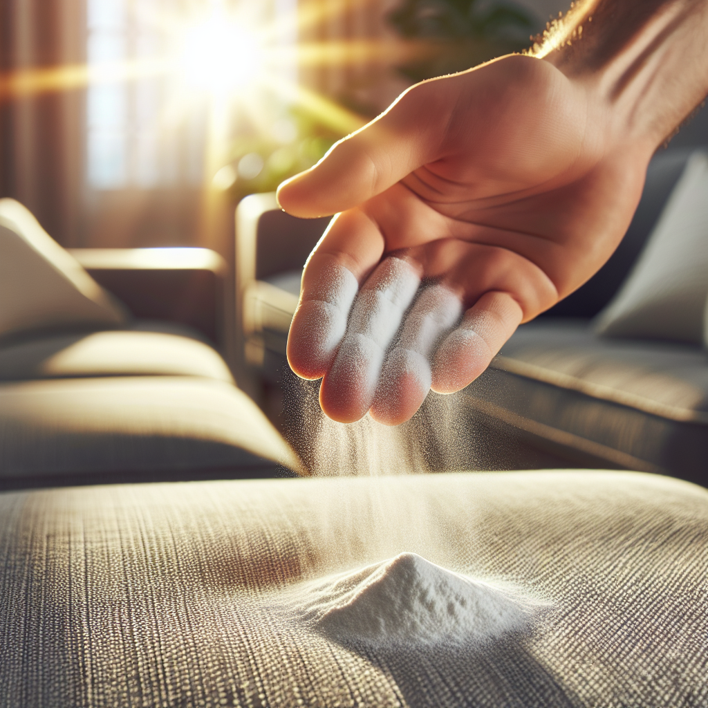 A close-up shot of a hand gently sprinkling a fine white powder, like baking soda, over the textured fabric of a modern couch. Sunlight streams into the room, illuminating the powder. The background is a softly blurred, clean living space, evoking a sense of effective home remedies and impending freshness. High-quality photography.