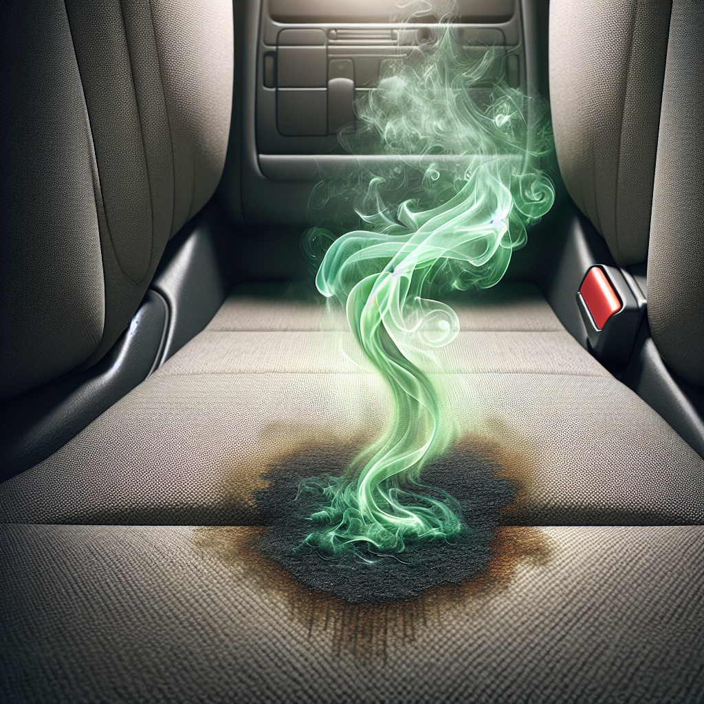 A close-up of a car's interior, specifically a fabric car seat or floor mat, where a damp, slightly discolored area hints at a recent mess. A subtle, swirling, faint green vapor visually represents a pervasive, strong, unpleasant odor emanating from the spot, conveying a difficult cleaning challenge. Realistic photo, slightly desaturated colors, hinting at distress.
