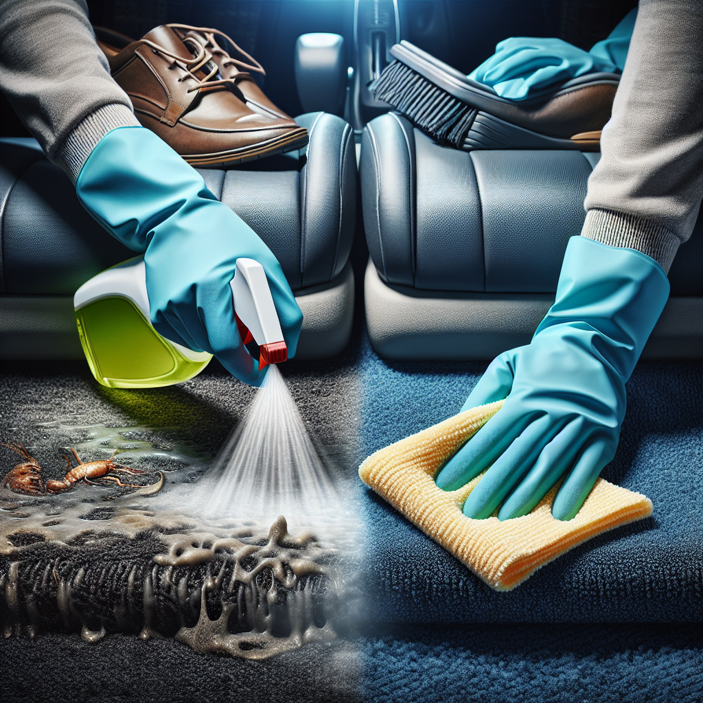 A pair of hands wearing protective gloves meticulously cleaning the fabric of a car seat or floor carpet with a spray bottle and a clean micro-fiber cloth. The area being cleaned is visibly transforming from dingy to fresh and renewed, illustrating effective odor removal. Bright, professional cleaning aesthetic, realistic photo.