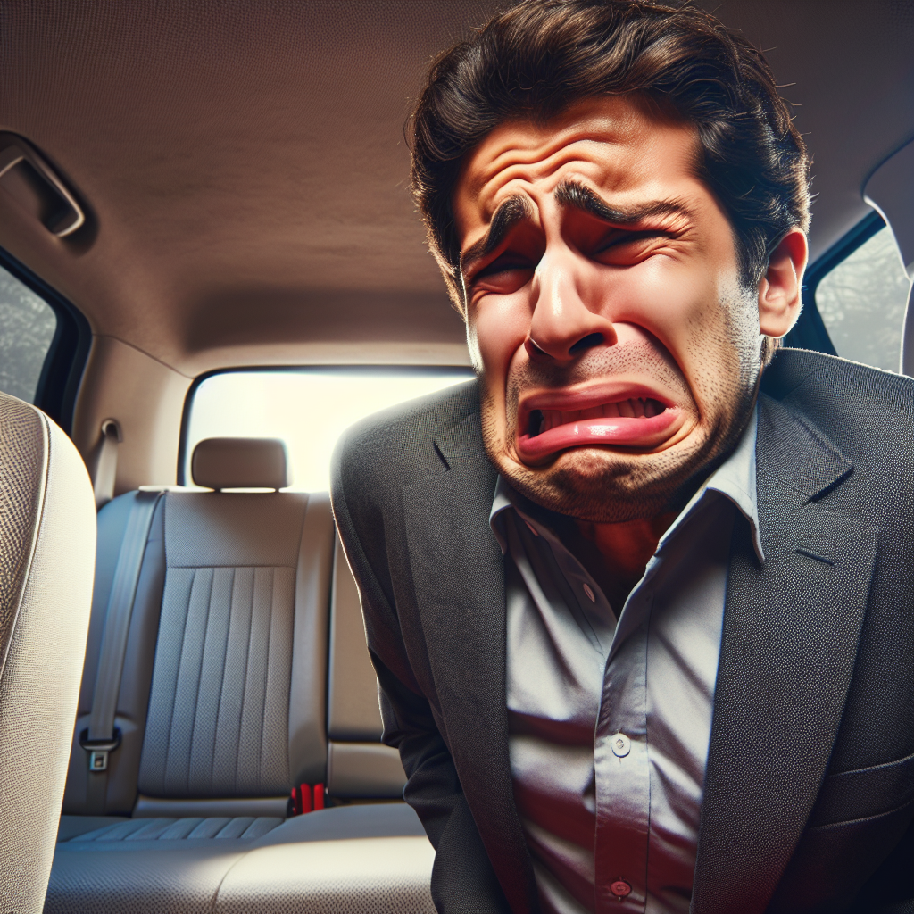 A distressed person, grimacing with discomfort, inside a slightly disheveled car interior. The scene conveys a lingering unpleasant odor, emphasizing the challenge of a stubborn smell. Focus on the car's upholstery and the person's strong reaction, without showing any vomit. Realistic, slightly moody lighting.