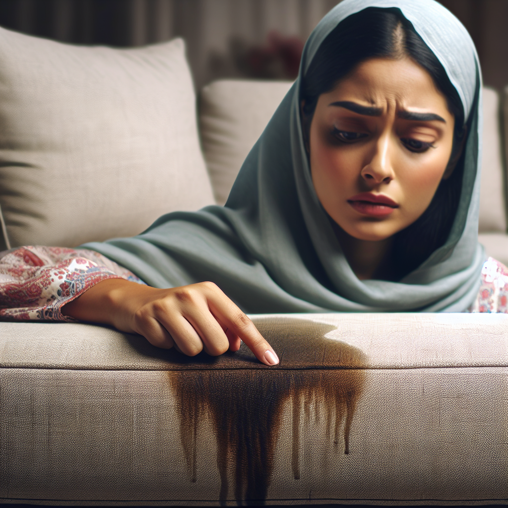 A distressed person, face out of frame, looking down at a stained section of a fabric sofa. The area shows a subtle, dried mark, implying an unpleasant odor. The room is a typical home living room, slightly muted colors to convey a challenging household situation. Realistic, detailed.